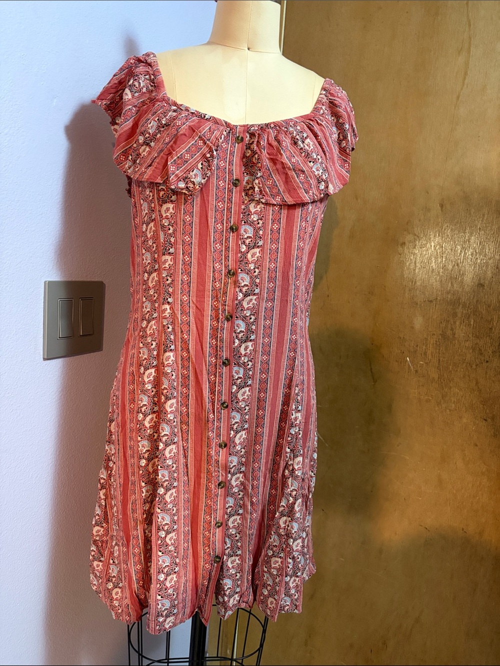 American Eagle Outfitters Pink Striped Floral Off-Shoulder Midi Dress